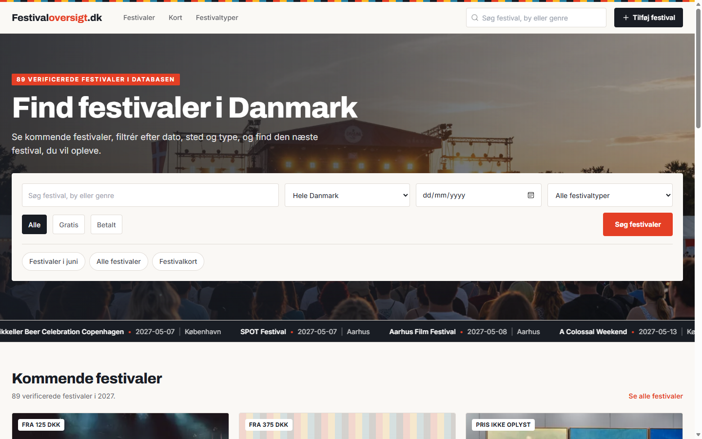 FestivalOversigt home page with search and festival filters